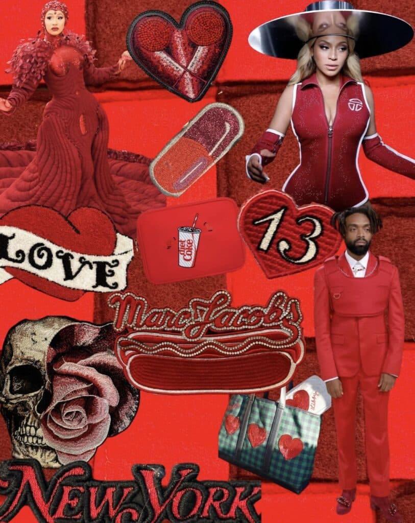 Collage with red-themed fashion and symbols including Beyoncé in a red outfit, Marc Jacobs logo, a red heart with lipstick, roses and skull art, a red-suited man with shopping bags, and the word “LOVE” on a patch.