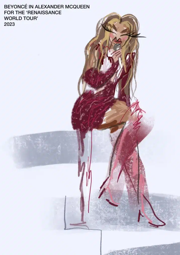 Illustrated sketch of Beyoncé in a sparkling red Alexander McQueen outfit with long sleeves, high boots, and flowing hair during her 2023 Renaissance World Tour.