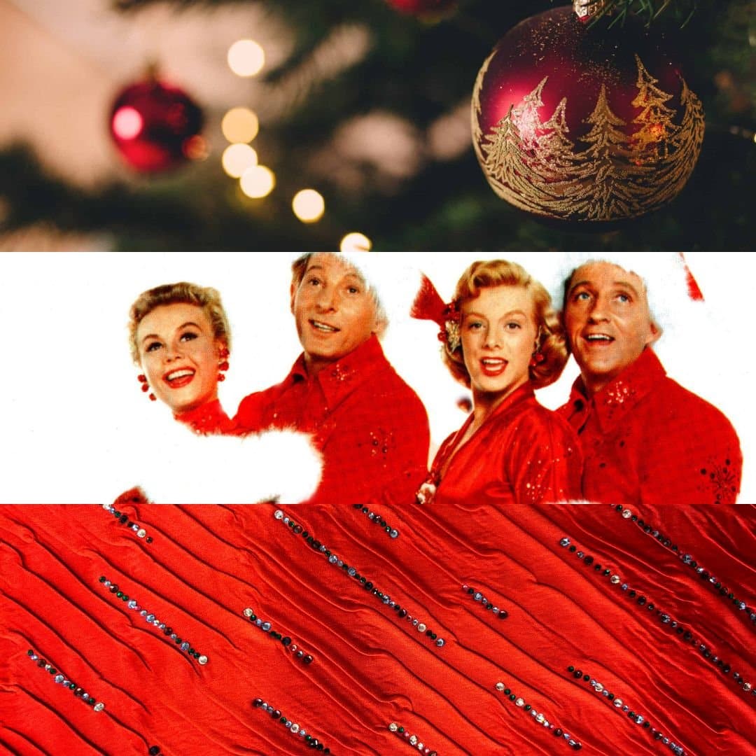 Collage with three holiday-themed images: a close-up of a red Christmas ornament on a tree, a cast photo from the film White Christmas, and a red embellished fabric with rhinestones.
