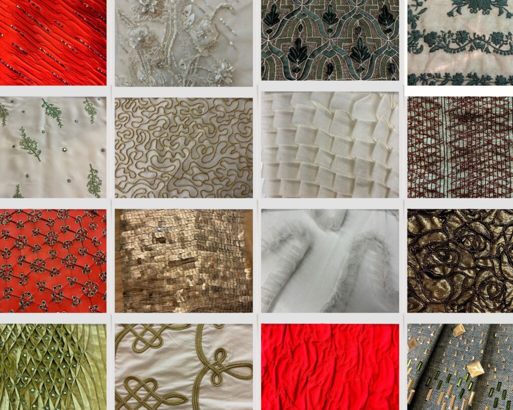 Grid layout of various festive fabric swatches, including textures in red, green, gold, white, and sequins.