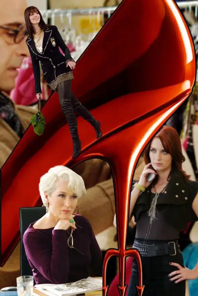 Collage of The Devil Wears Prada characters including Andy Sachs (Anne Hathaway) walking on a red stiletto heel, Miranda Priestly (Meryl Streep) seated at her desk, and Emily Charlton (Emily Blunt) on the phone, referencing a sequel to the iconic fashion film