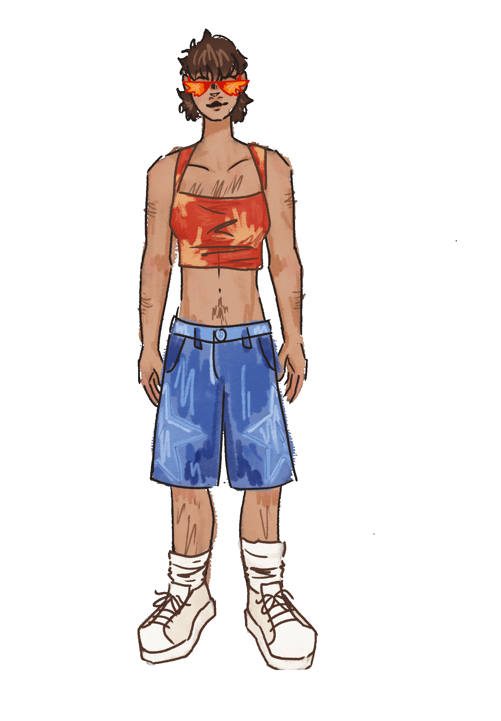 Illustration of a person in flame sunglasses, red-orange crop top, blue long shorts, and white high-top sneakers.