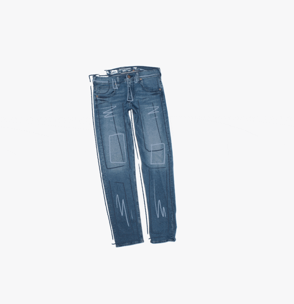 Blue denim jeans with white sketch-style embroidery featuring rectangles and zigzag lines.