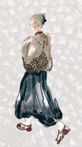 Digital illustration of a woman in a flowy navy skirt, taupe sweater, and maroon shoes, carrying a slouchy crescent-shaped bag covered in gold pyramid studs. Stylized fashion drawing of a woman from behind, wearing a loose dark skirt, light sweater, and carrying a studded gold and black crescent bag over her shoulder, with a background featuring soft-toned pyramid studs.