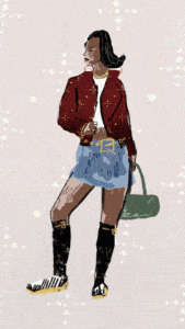 Illustration of a model in a studded burgundy leather jacket, mini denim skirt, tall socks, and striped slip-ons. Fashion illustration of a woman wearing a burgundy leather jacket with gold studs, a light blue mini skirt with a bold gold buckle, tall black socks with gold details, striped shoes, and a green handbag.