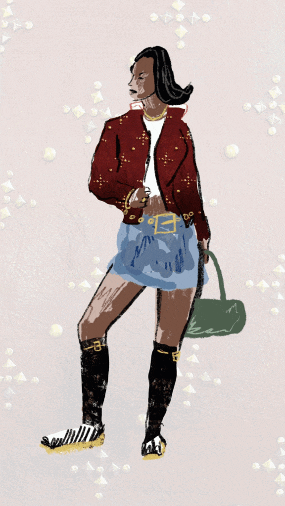 Illustrated figure wearing a red cropped jacket, mini denim skirt, knee-high black socks with gold detail, and carrying a green handbag.