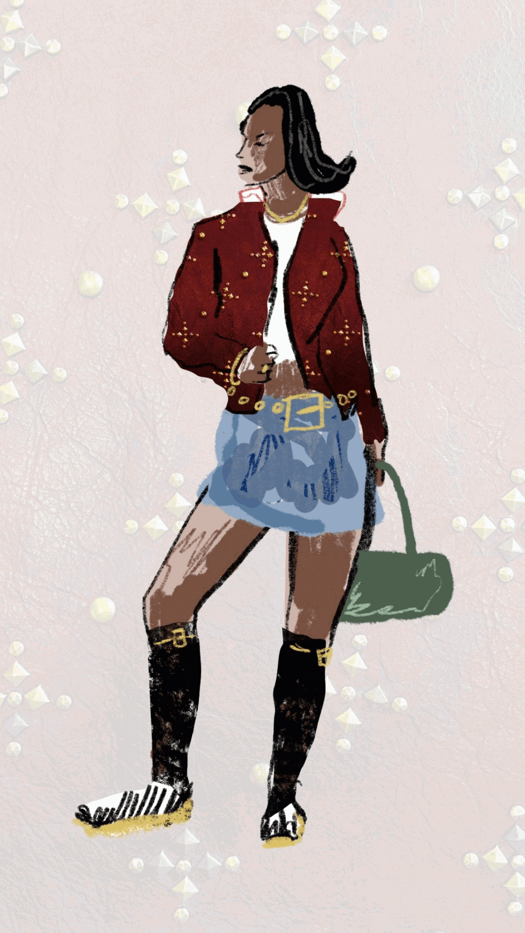 Illustrated figure wearing a red cropped jacket, mini denim skirt, knee-high black socks with gold detail, and carrying a green handbag.