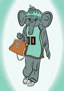 Illustration of a fashionable elephant wearing a mint-green Liberty crown and jersey with the number 10, carrying a Telfar bag and striking a confident pose. Cartoon elephant dressed as the Statue of Liberty in streetwear, rocking a teal jersey, white sneakers, and an orange Telfar shopping bag.
