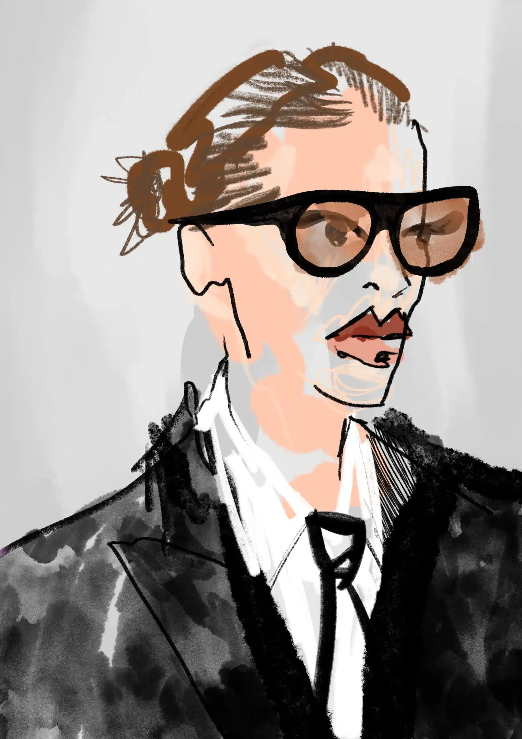Stylized portrait sketch of a person in a black suit and oversized glasses, drawn with expressive lines and minimalistic shading.