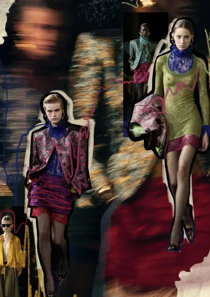 Fashion collage featuring models in bold, colorful outfits with layered textures, dynamic motion blur, and mixed-media styling.