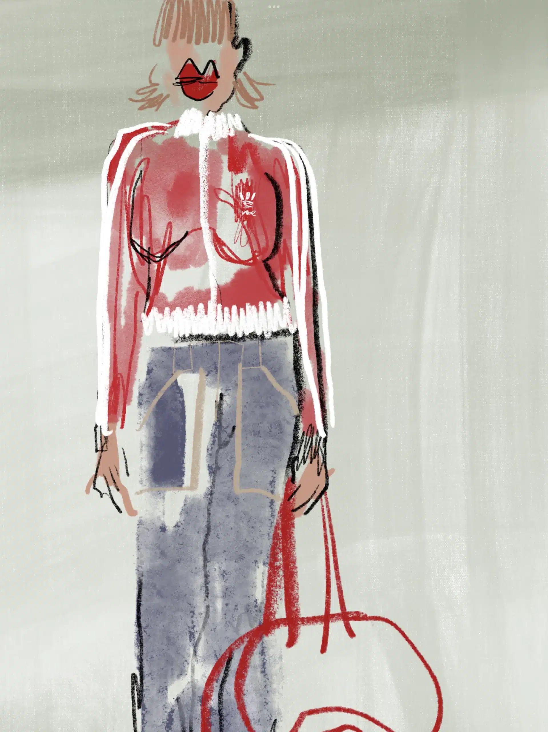 Illustration of a woman wearing a red Adidas jacket with blue jeans and holding a red tote bag.
