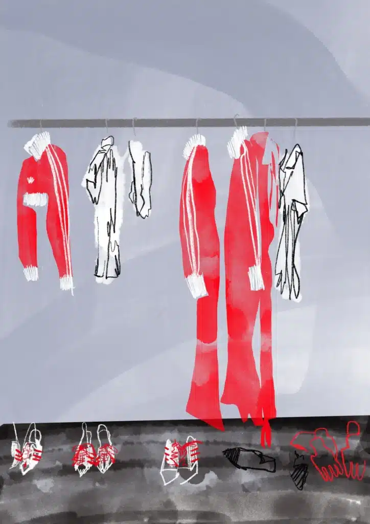 Illustration of red and white tracksuits and sneakers hanging on a rack, with grayscale floor background.