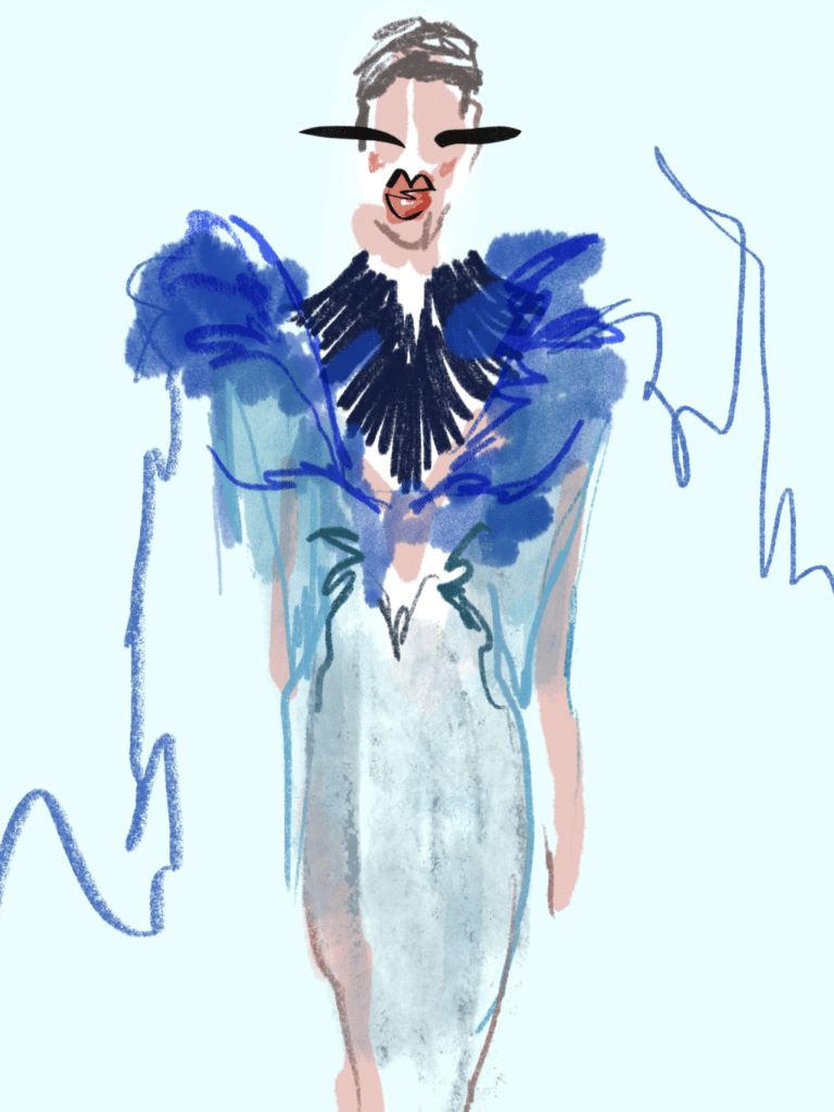 Artistic illustration of a blue high-fashion garment with exaggerated shoulders and brushstroke style.