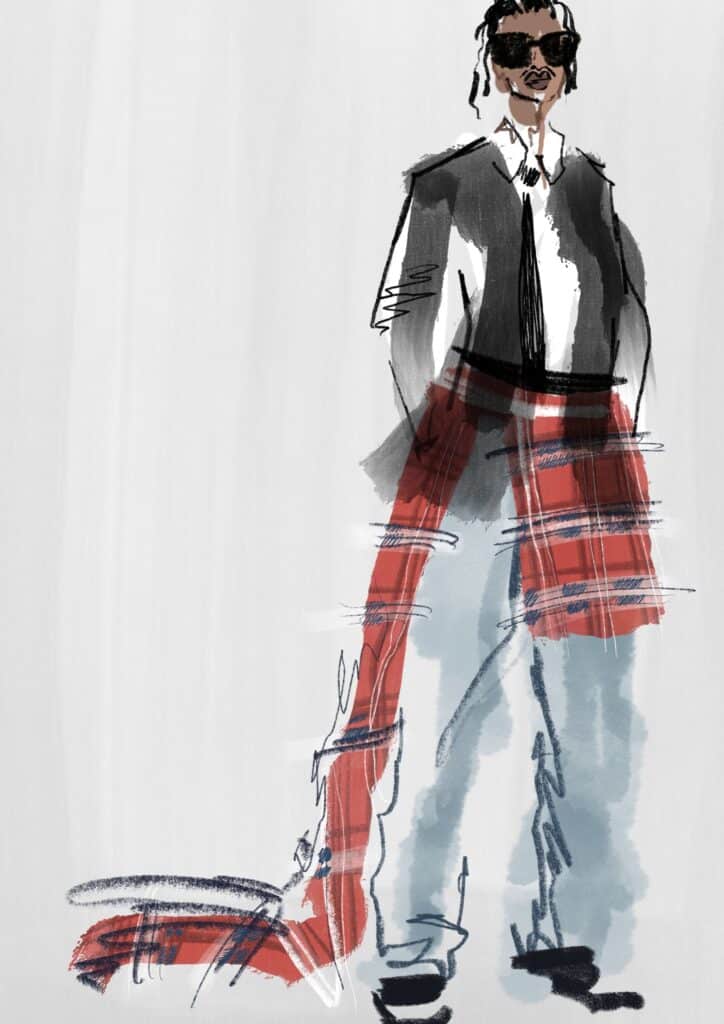 Fashion illustration of a person in sunglasses wearing a blazer, tie, and jeans, with a long red plaid fabric draped from the waist.