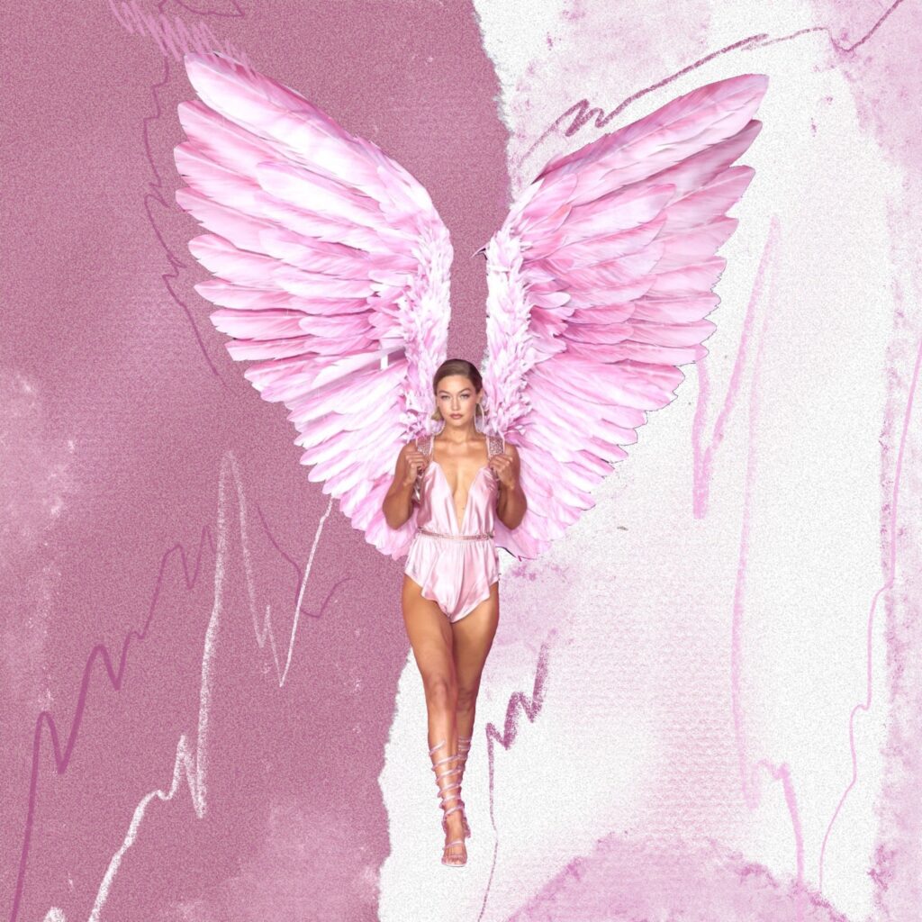 Model in blush lingerie set with large pink digital wings against a painterly pink backdrop.