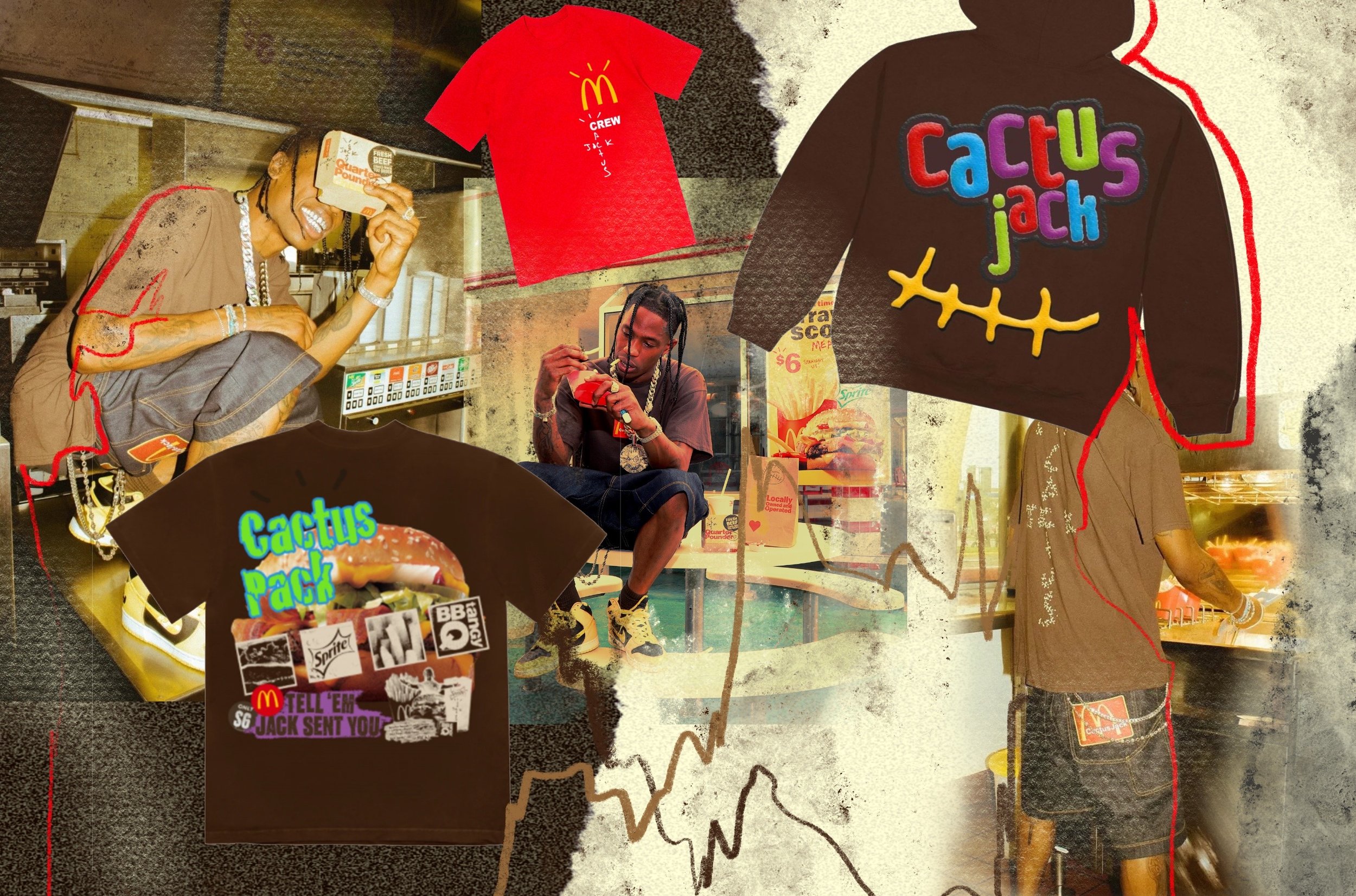 Collage of Cactus Jack-themed McDonald’s merch including t-shirts, a hoodie, and images of Travis Scott, with chaotic hand-drawn graphics layered throughout.