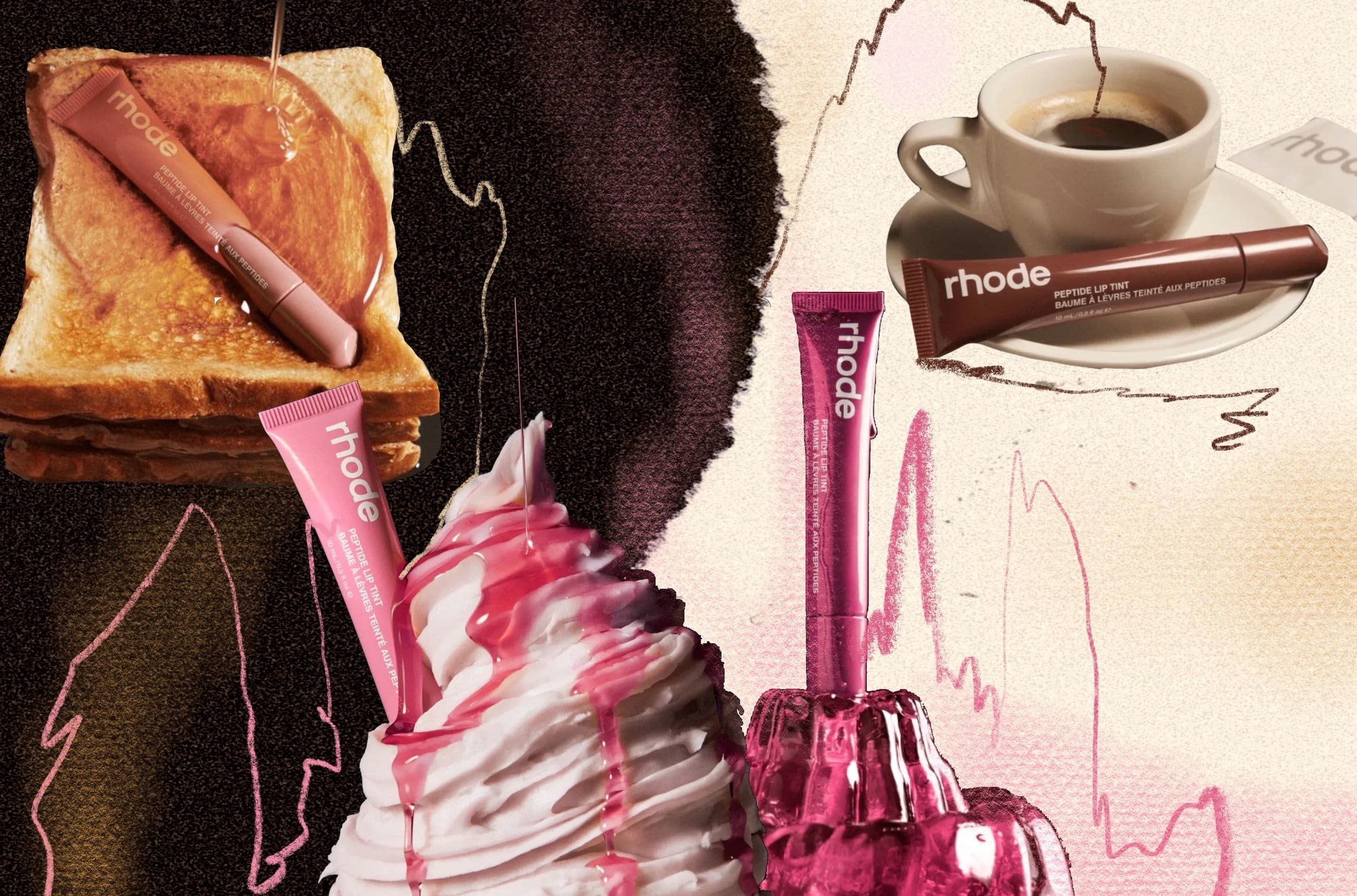 Collage with Rhode lip gloss tubes styled among soft serve, toast, and espresso, with pink drips and artistic textures.