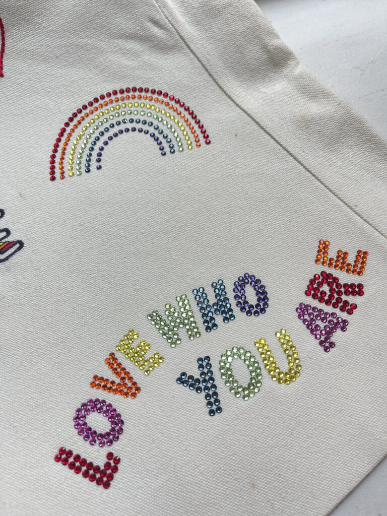 Close-up of a garment featuring colorful embroidered sequins in geometric shapes.