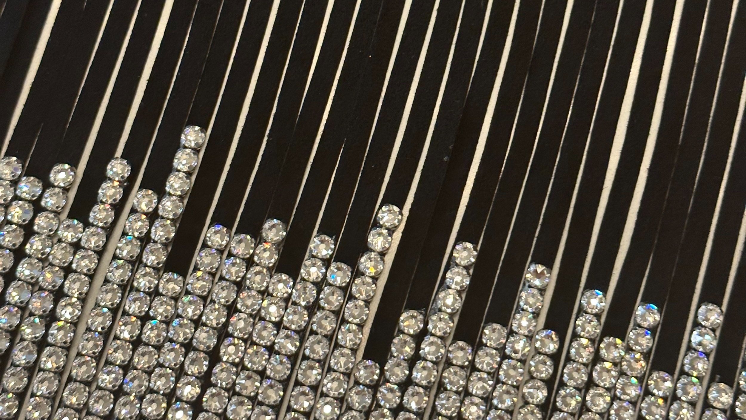 Close-up of cascading rhinestone chains arranged in vertical rows, resembling a fringe or dripping effect.