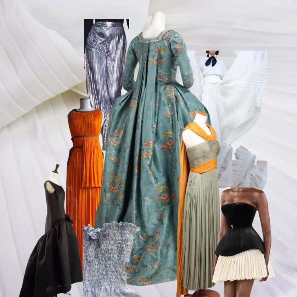 A collage of historical and modern dresses featuring various pleating styles, including a green floral 18th-century gown at the center surrounded by contemporary pleated designs in metallic, orange, gray, and black fabrics.