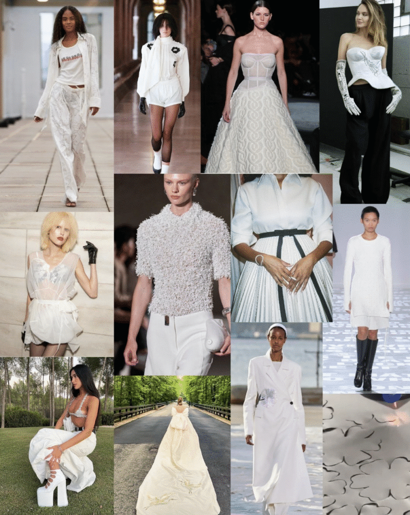 Fashion collage of all-white and off-white outfits, both modern and bridal.