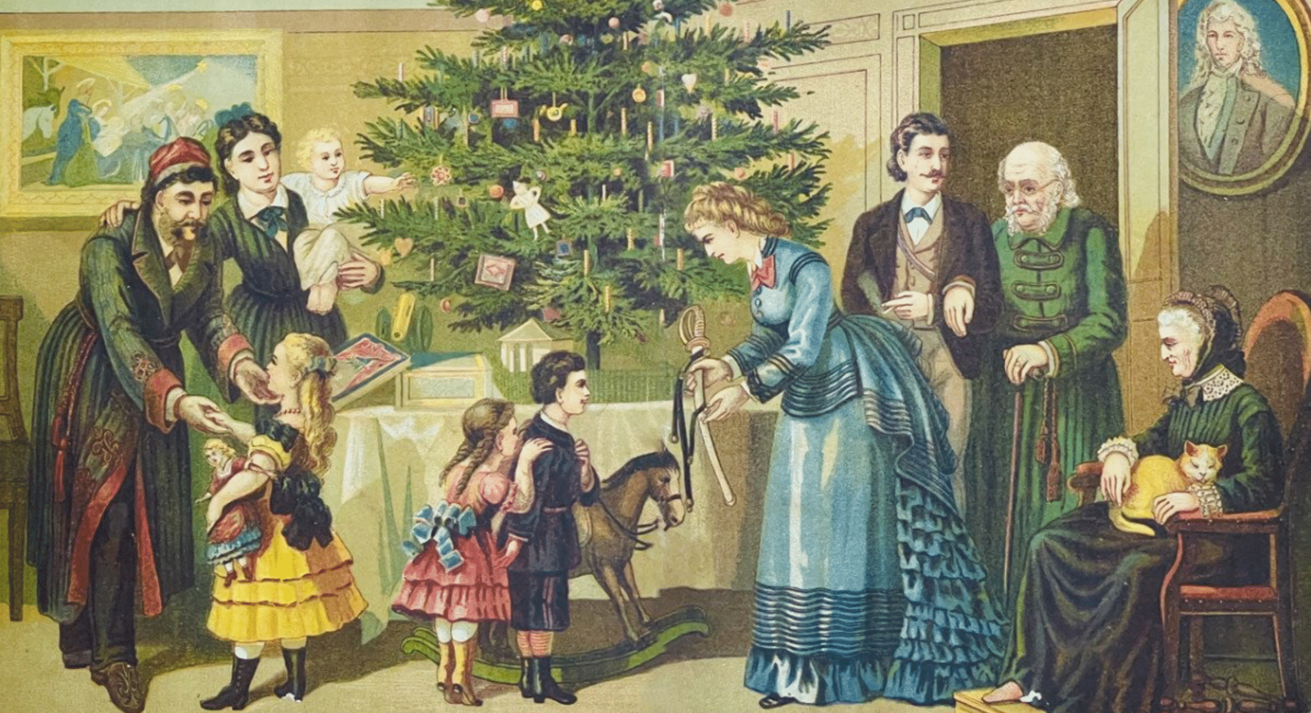 Vintage illustration of a Victorian family celebrating Christmas around a decorated tree, with children receiving toys and elders watching.