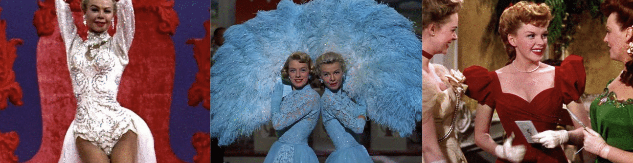 Three film stills showcasing vintage stage and holiday costumes—featuring a sparkling white leotard, feathered blue performance gowns, and an elegant red evening dress with puffed sleeves.