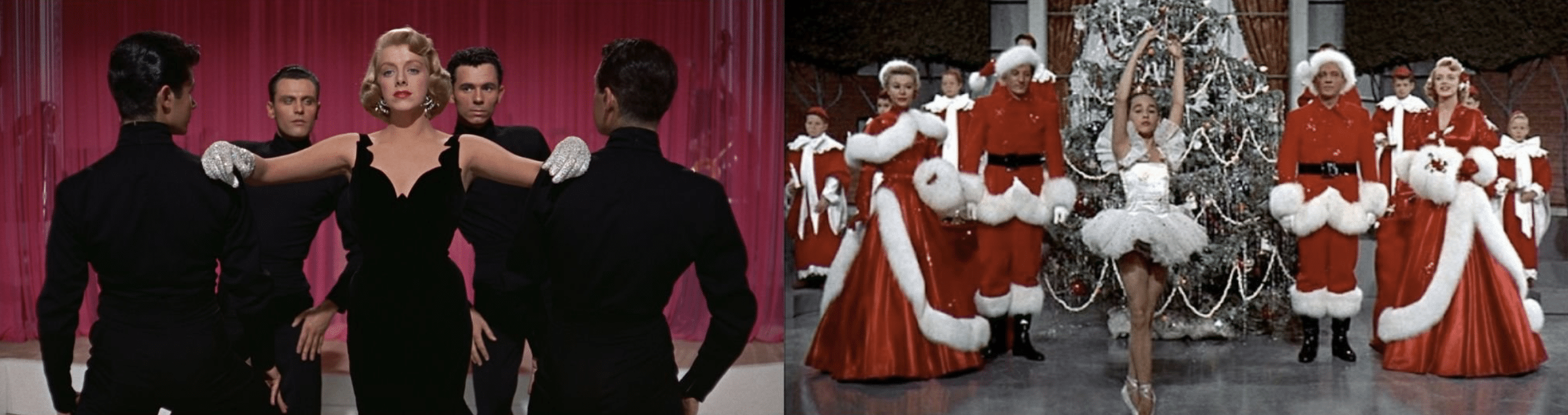 Two film stills showing theatrical holiday performances—one with a woman in a black evening dress dancing with men in black, and another with a chorus line in red Santa costumes and a ballerina in white.
