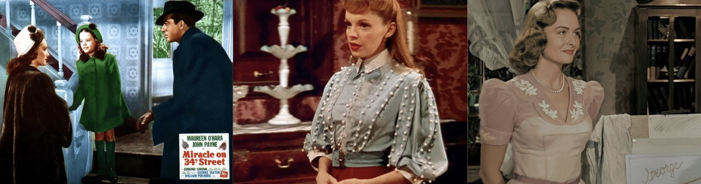 Collage of three vintage film stills showcasing women in classic mid-century costumes with period hairstyles and accessories.