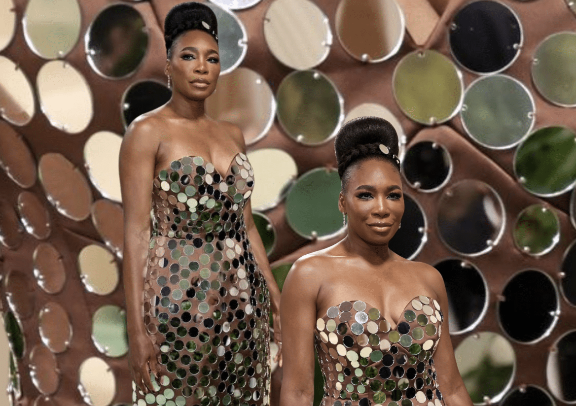 Venus Williams wearing a strapless dress made of mirrored discs, standing in front of a backdrop with large circular mirrors.