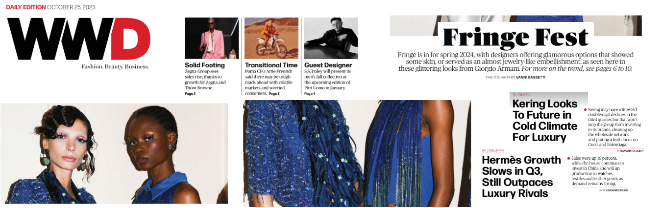 WWD magazine spread featuring models in blue fringe dresses and headline “Fringe Fest.”