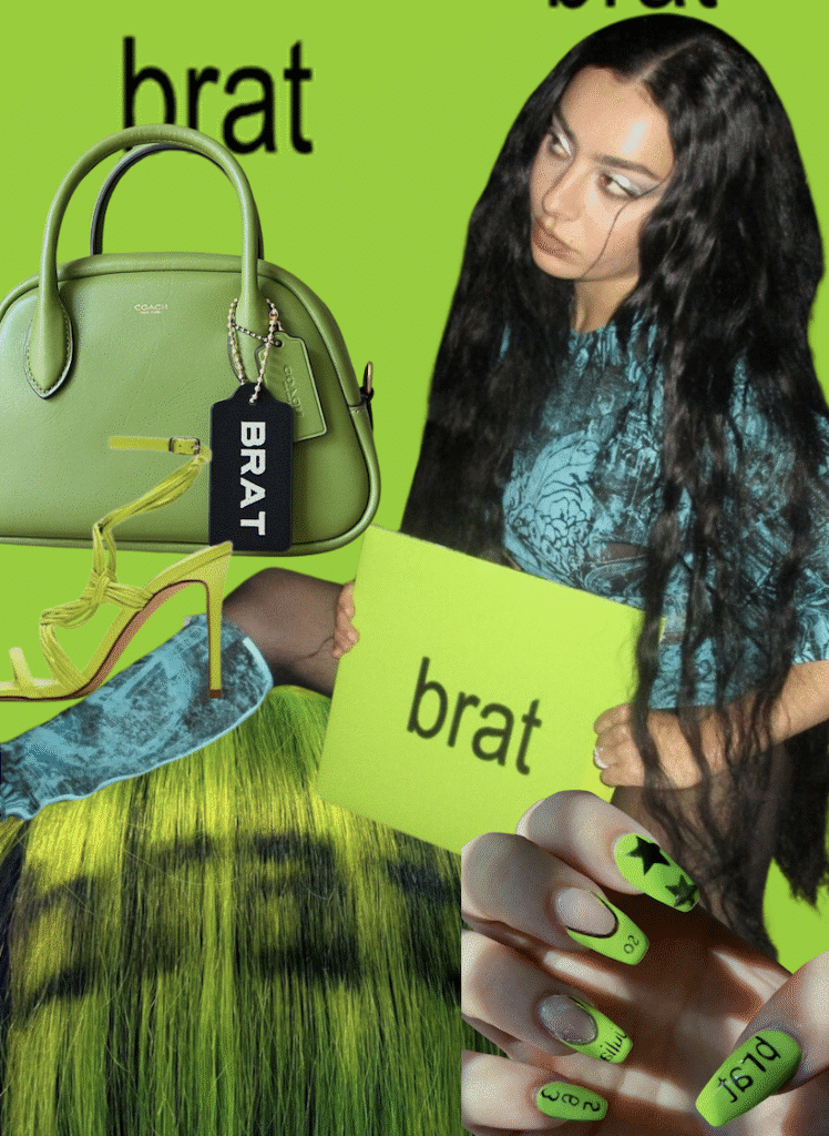 Collage featuring Charli XCX holding a neon green sign reading “brat,” surrounded by matching green accessories, hair, nails, and fashion pieces.