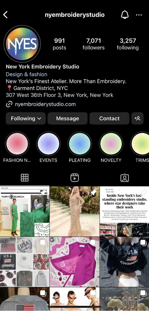 Instagram profile of New York Embroidery Studio showing bio, highlights, and recent posts on a black interface