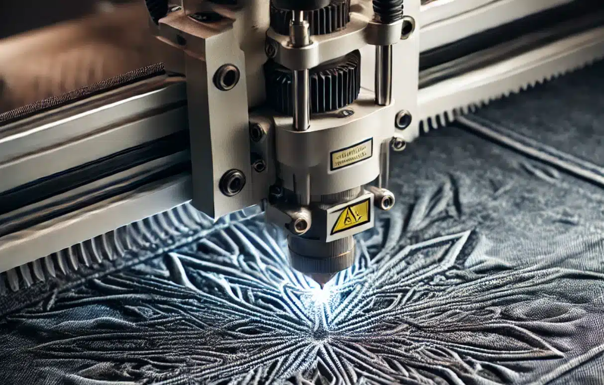 Close-up of a laser embroidery machine etching an intricate floral pattern onto denim fabric
