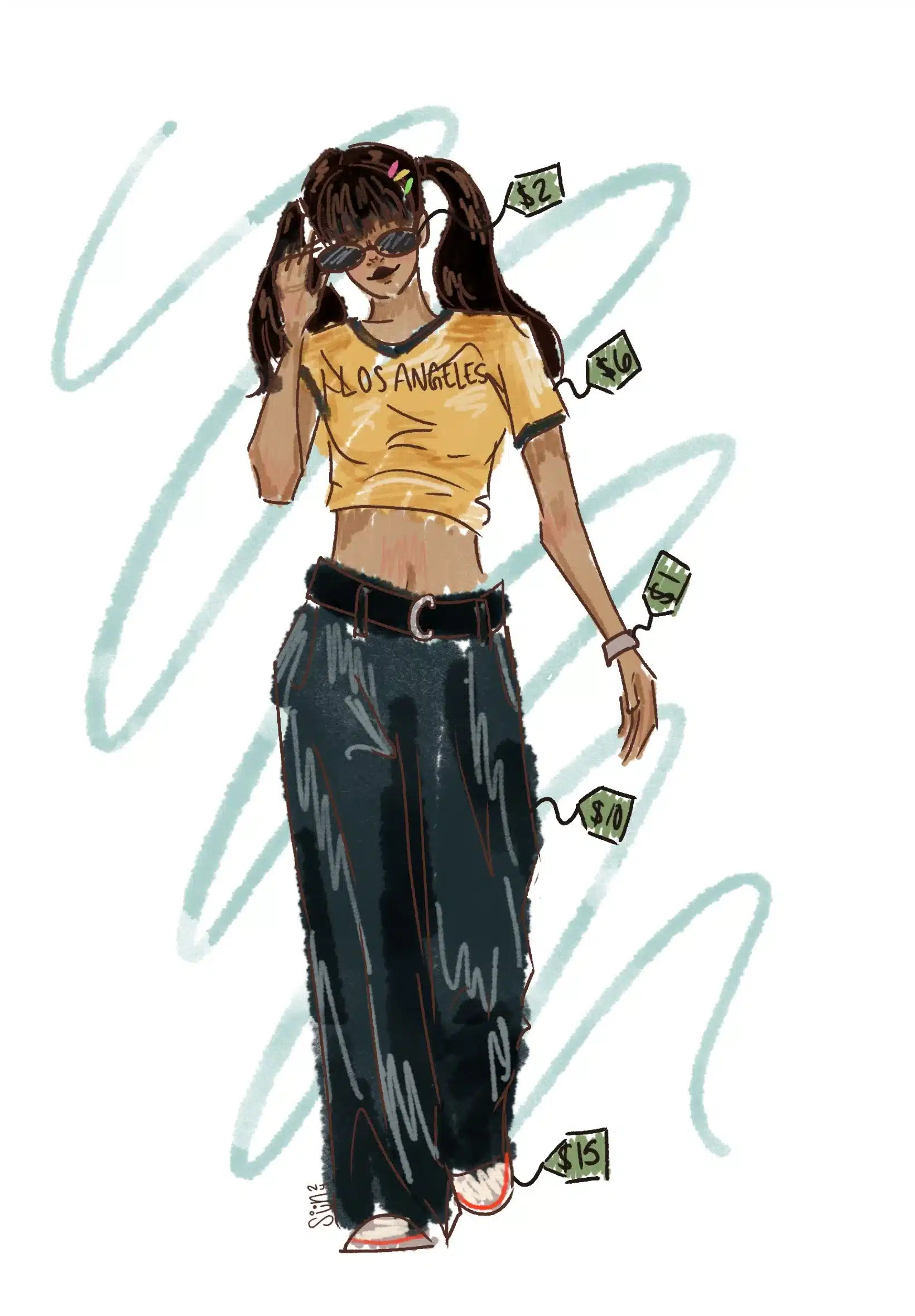 Illustration of a young woman wearing a yellow "Los Angeles" crop top and dark baggy jeans with floating price tags indicating low thrift store prices.