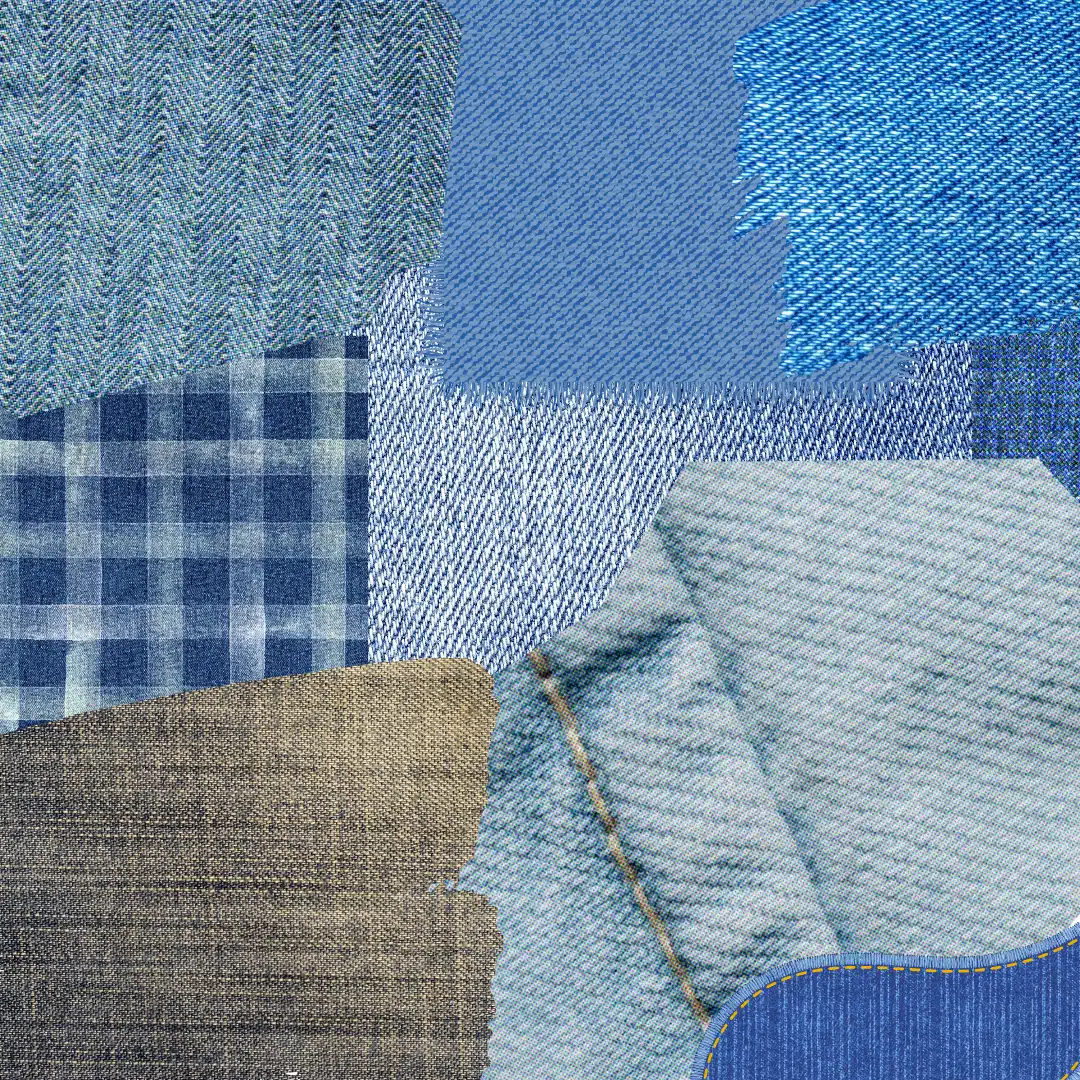 Patchwork collage of various blue denim textures and patterns including checks, twill, and faded washes