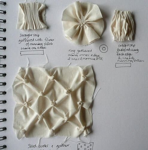 Notebook page displaying textile samples using smocking and gathering techniques.