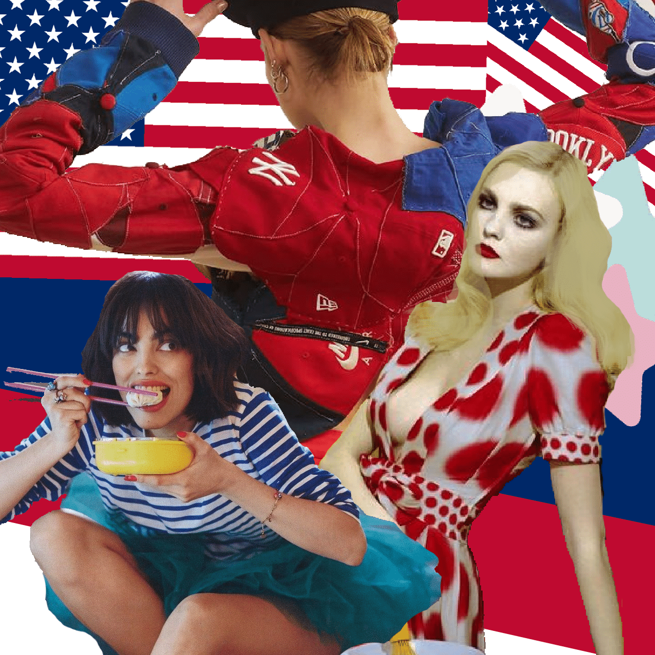 Fashion collage featuring three women in vibrant outfits with layered American flag motifs in the background.