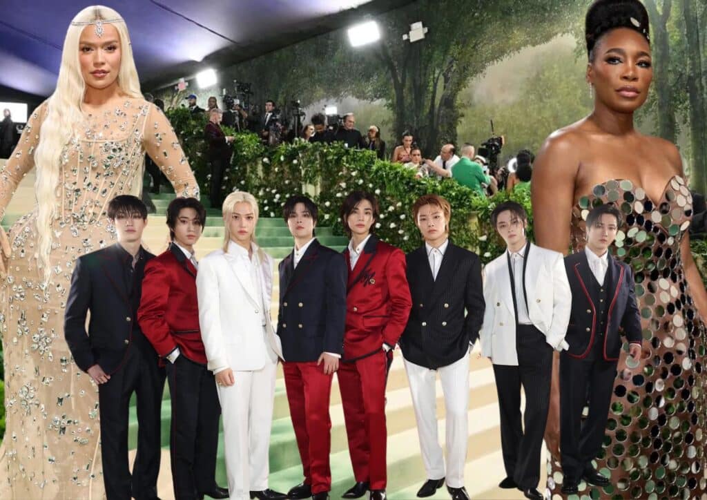 Digital collage of Karol G in a jeweled nude gown, Venus Williams in a silver sequin dress, and Stray Kids in coordinated red, black, and white suits, all set against a stylized Met Gala-inspired backdrop.