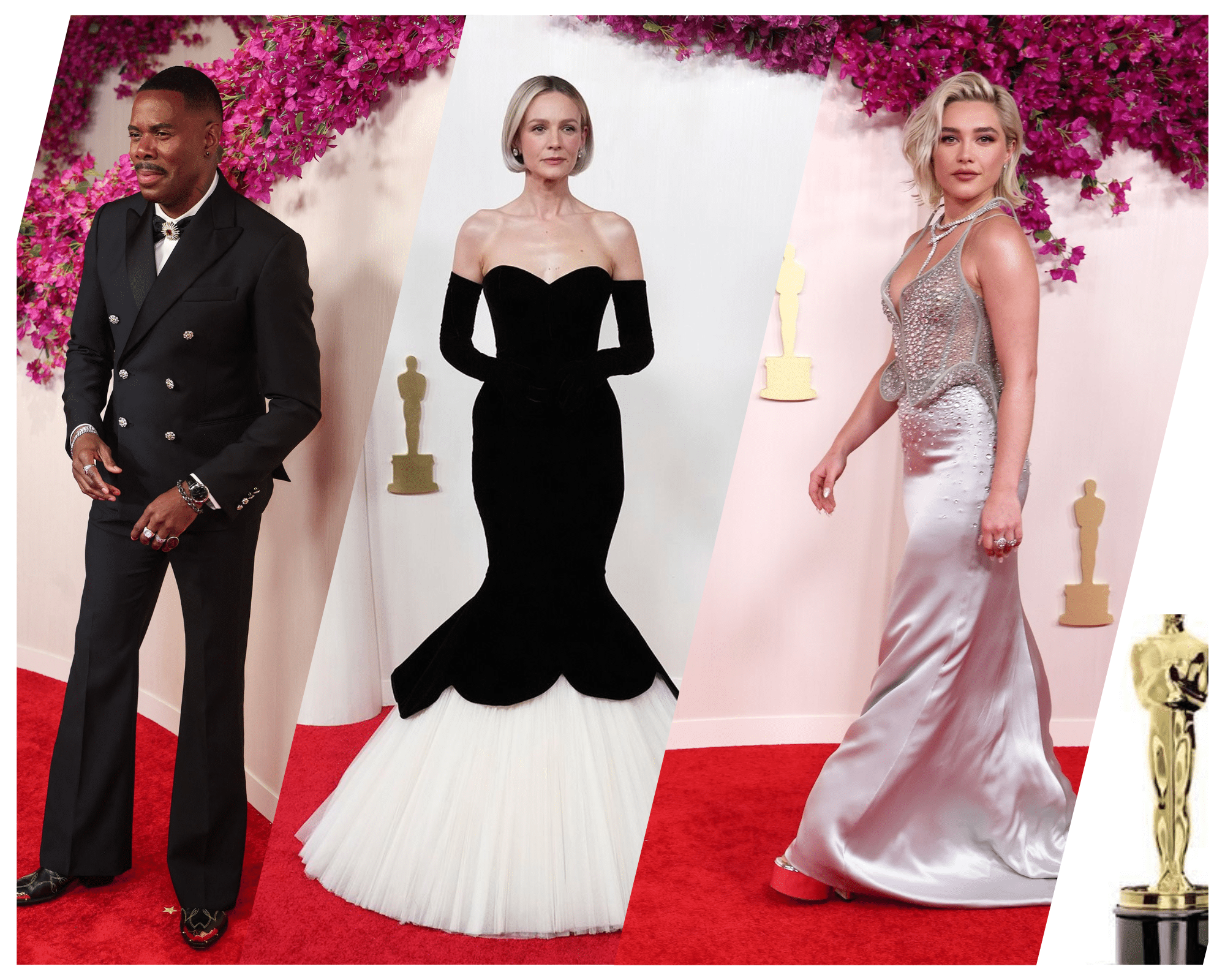 Three celebrities posing on the red carpet at an awards event, including a man in a black suit, a woman in a black and white sculptural gown, and a woman in a silver satin dress.