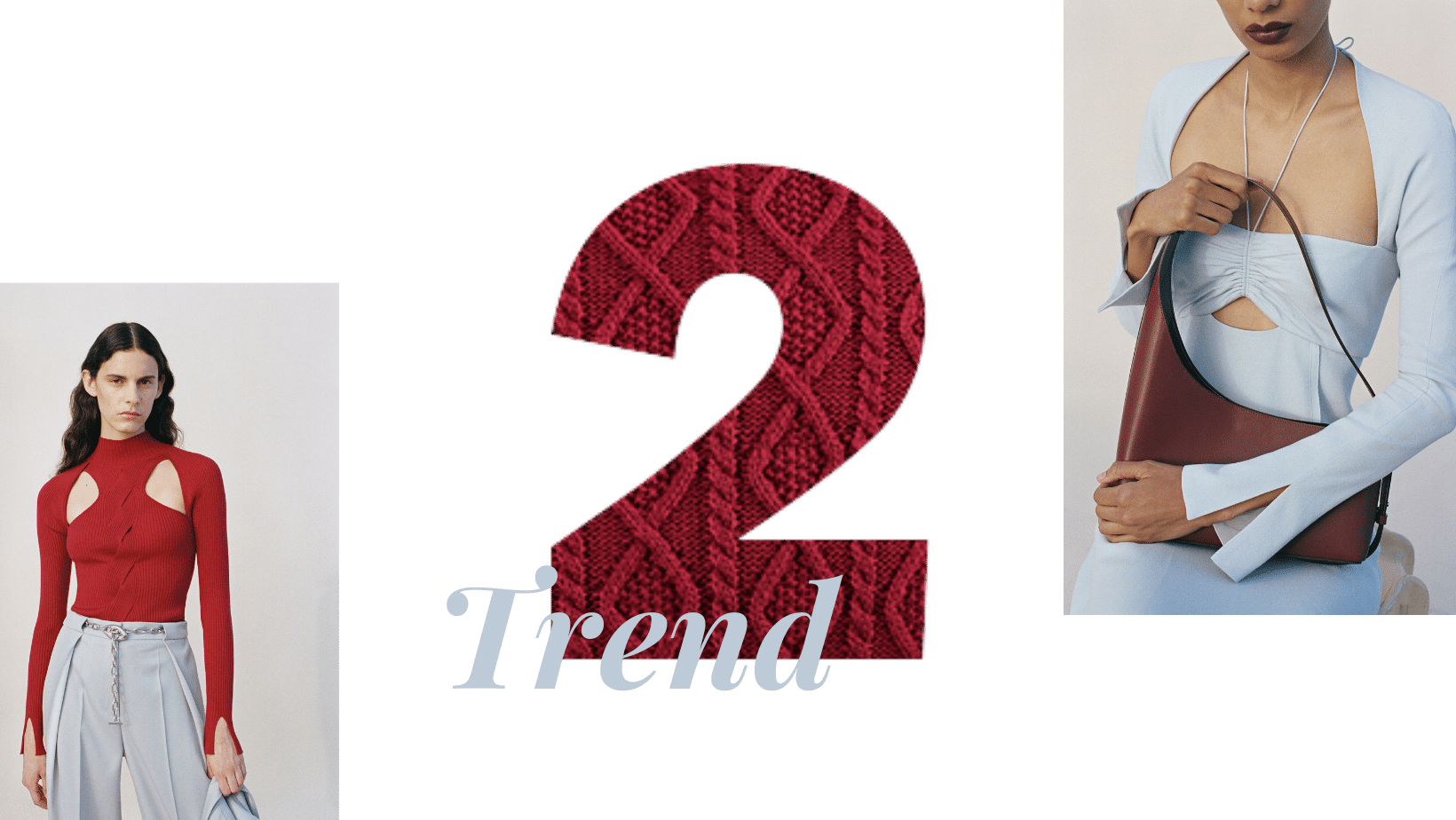 Collage graphic showing cut-out fashion trend with a red knit top and pastel blue top paired with a matching bag, labeled as Trend 2.