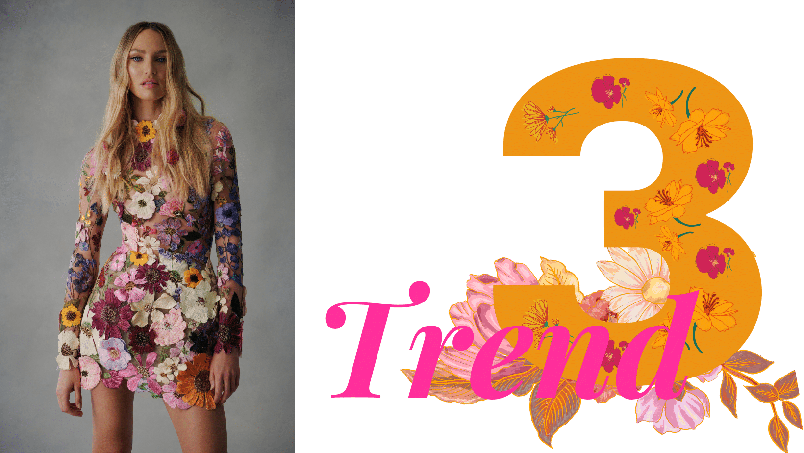 Trend 3 collage with a model in a colorful floral mini dress and the number 3 decorated with flowers.
